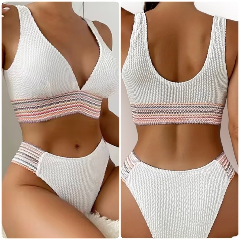 White Textured High Cut Bikini Set